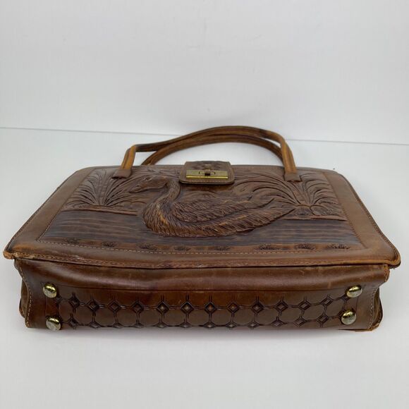 Vintage Brown Leather Hand Tooled Mexican Bag Purse with Duck Pond Scene - Picture 11 of 16